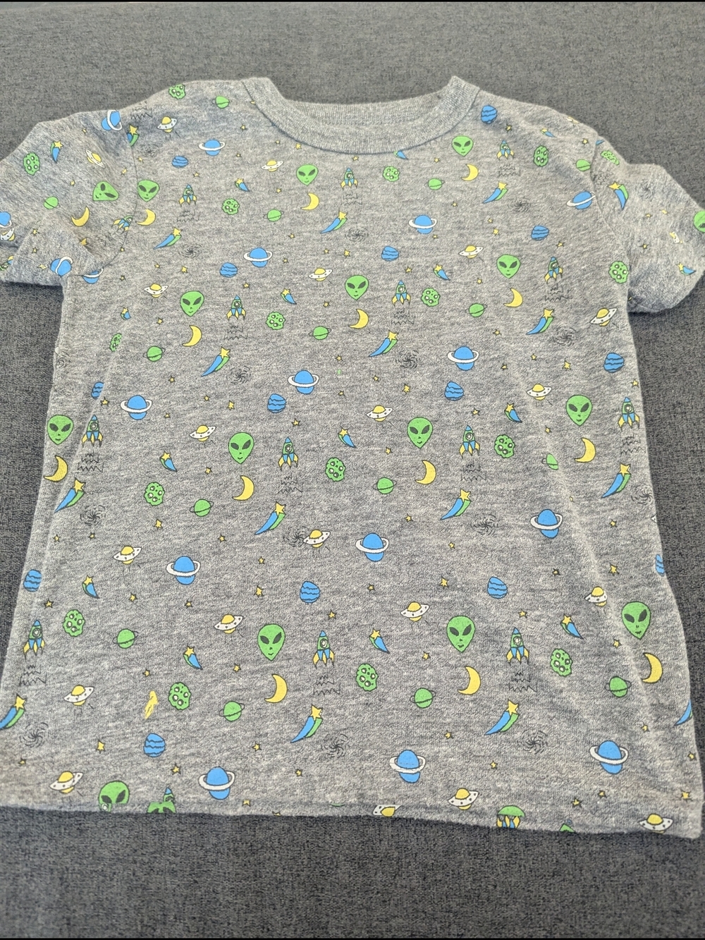 Chaser Kids Gray Tee with Neon Green Alien & Blue Planet Print